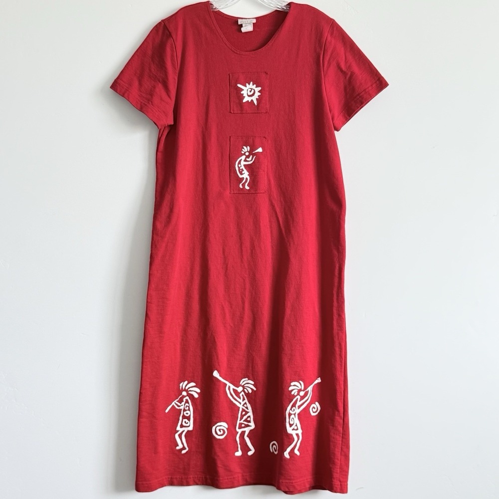 VTG 90s Kokopelli Maxi Dress M‎ Red Southwest Cotton Jersey Teacher Artsy